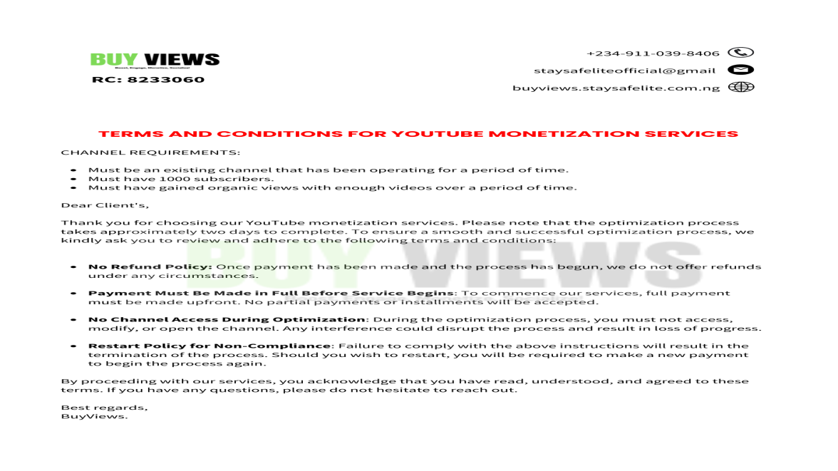 Terms and Conditions for Existing YouTube Channels Ready for Monetization Services